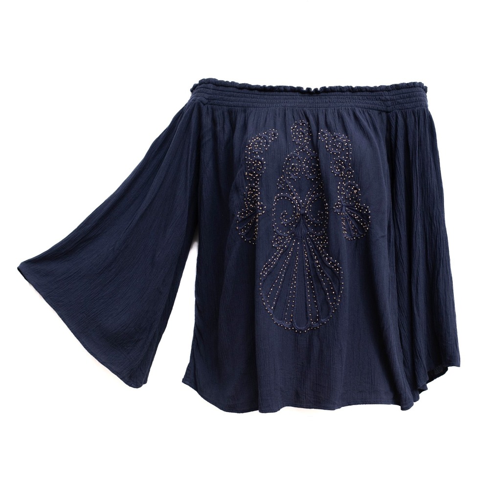 Lilly Pulitzer Nita Off The Shoulder Top Navy M Boho Blouse Bell Sleeve Beaded